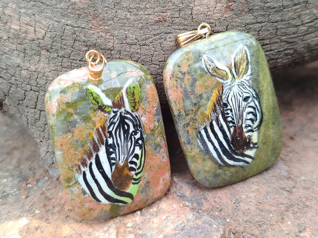 Polished Unakite Pendant with Hand Painted Zebra - Sold Per Item - From South Africa - Toprock Gemstones and Minerals 