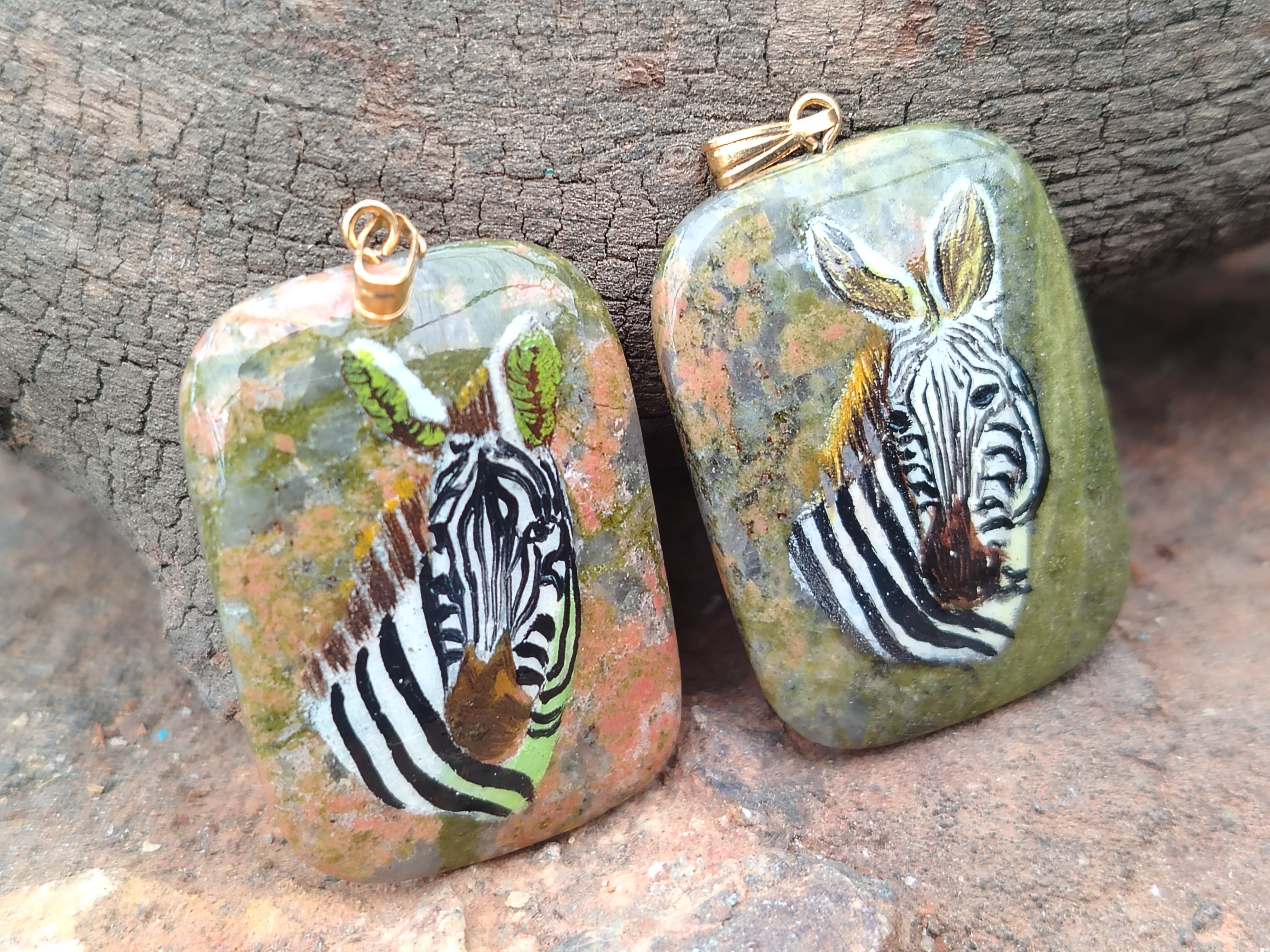 Polished Unakite Pendant with Hand Painted Zebra - Sold Per Item - From South Africa - Toprock Gemstones and Minerals 