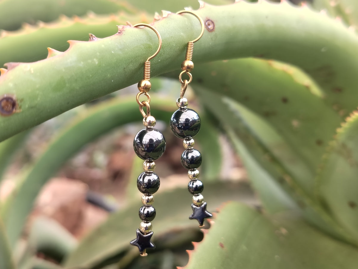 Polished Pair of Hematite Ball and Star Earrings - Sold Per Pair - From China - Toprock Gemstones and Minerals 
