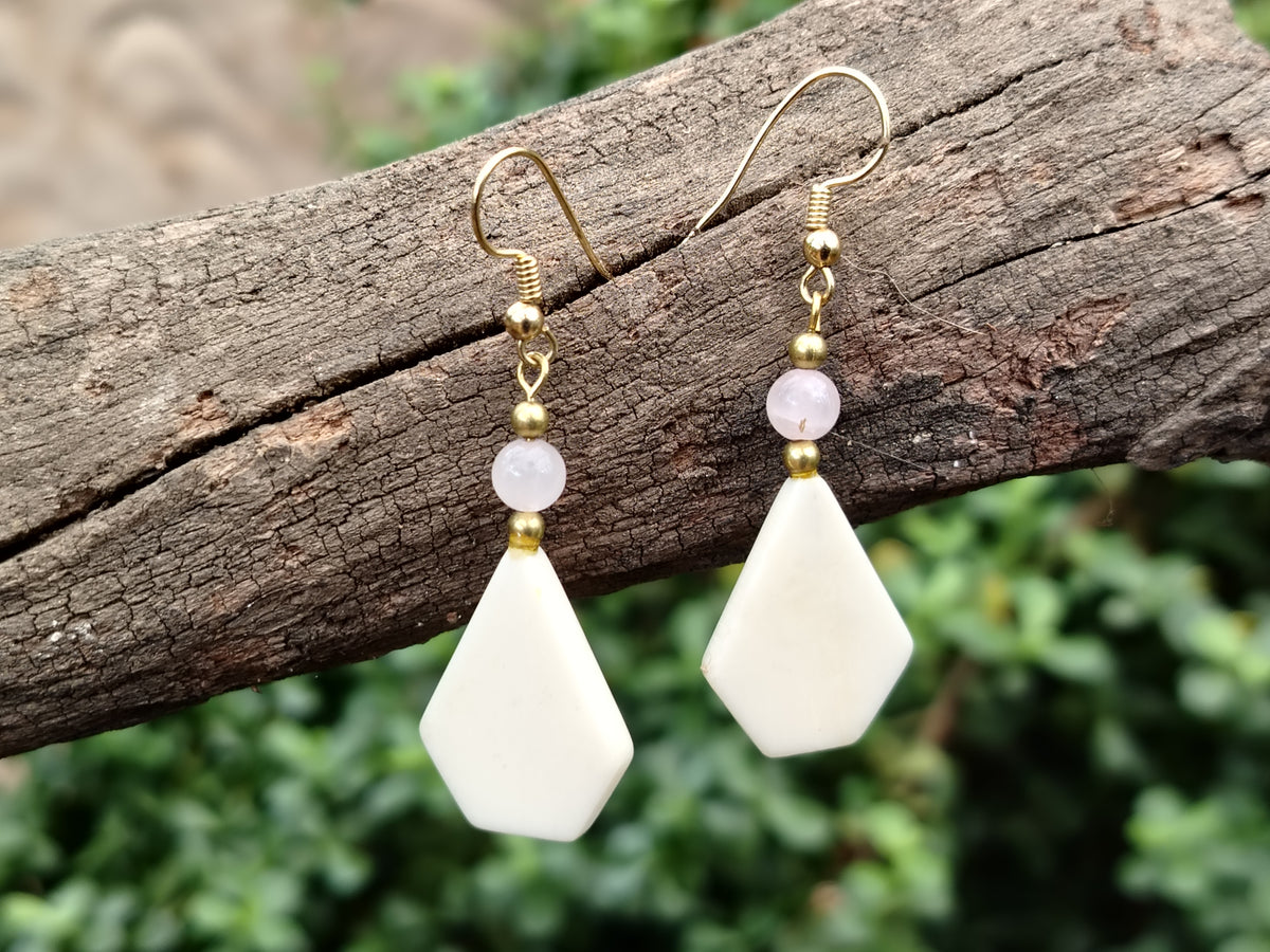 Polished White Onyx and Rose Quartz Earrings - Sold Per Pair - From China - Toprock Gemstones and Minerals 