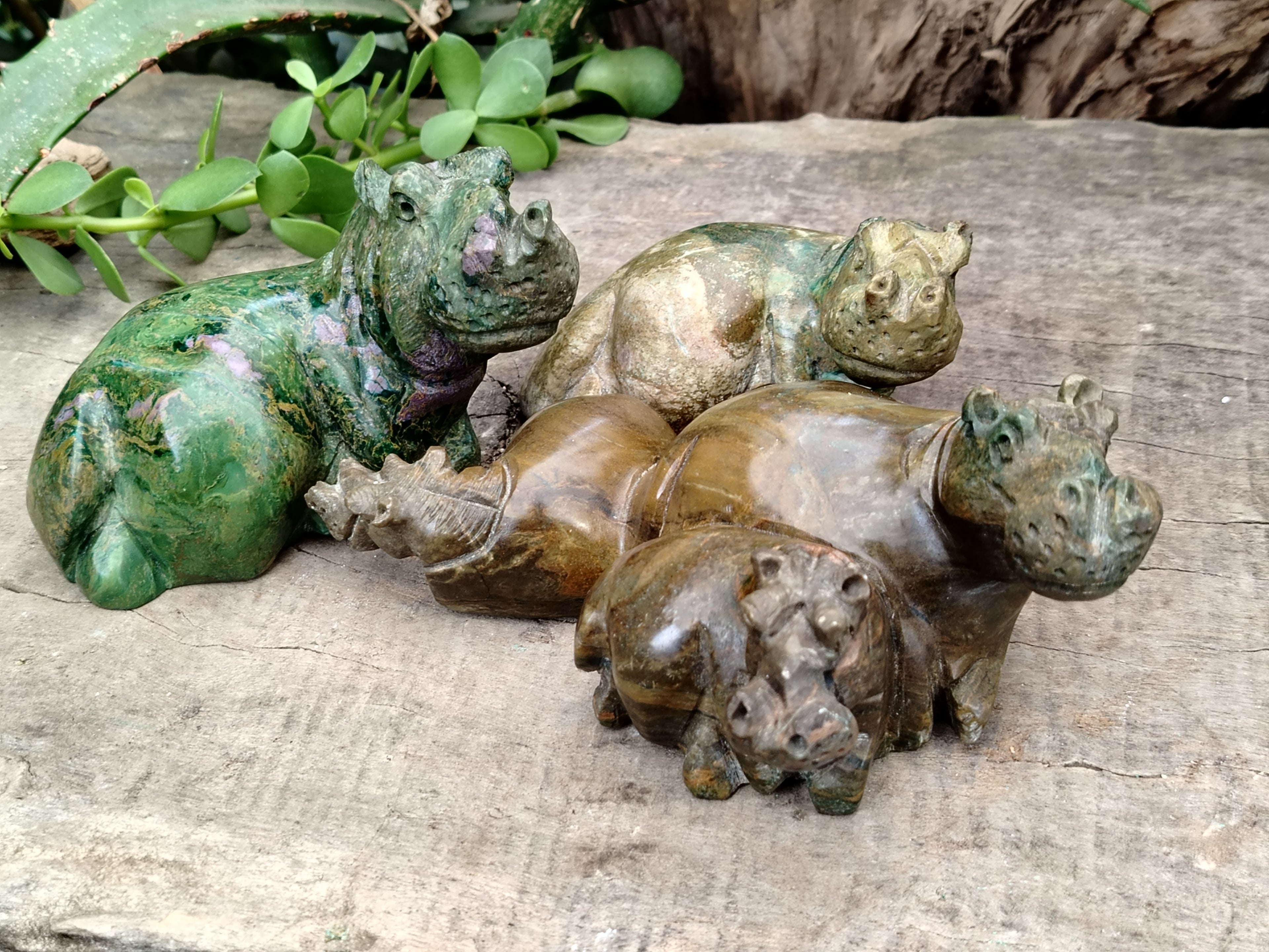 Hand Made Green Verdite Hippo Carvings x 3 From Zimbabwe - Toprock Gemstones and Minerals 