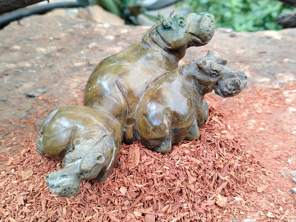 Hand Made Green Verdite Hippo Carvings x 3 From Zimbabwe - Toprock Gemstones and Minerals 