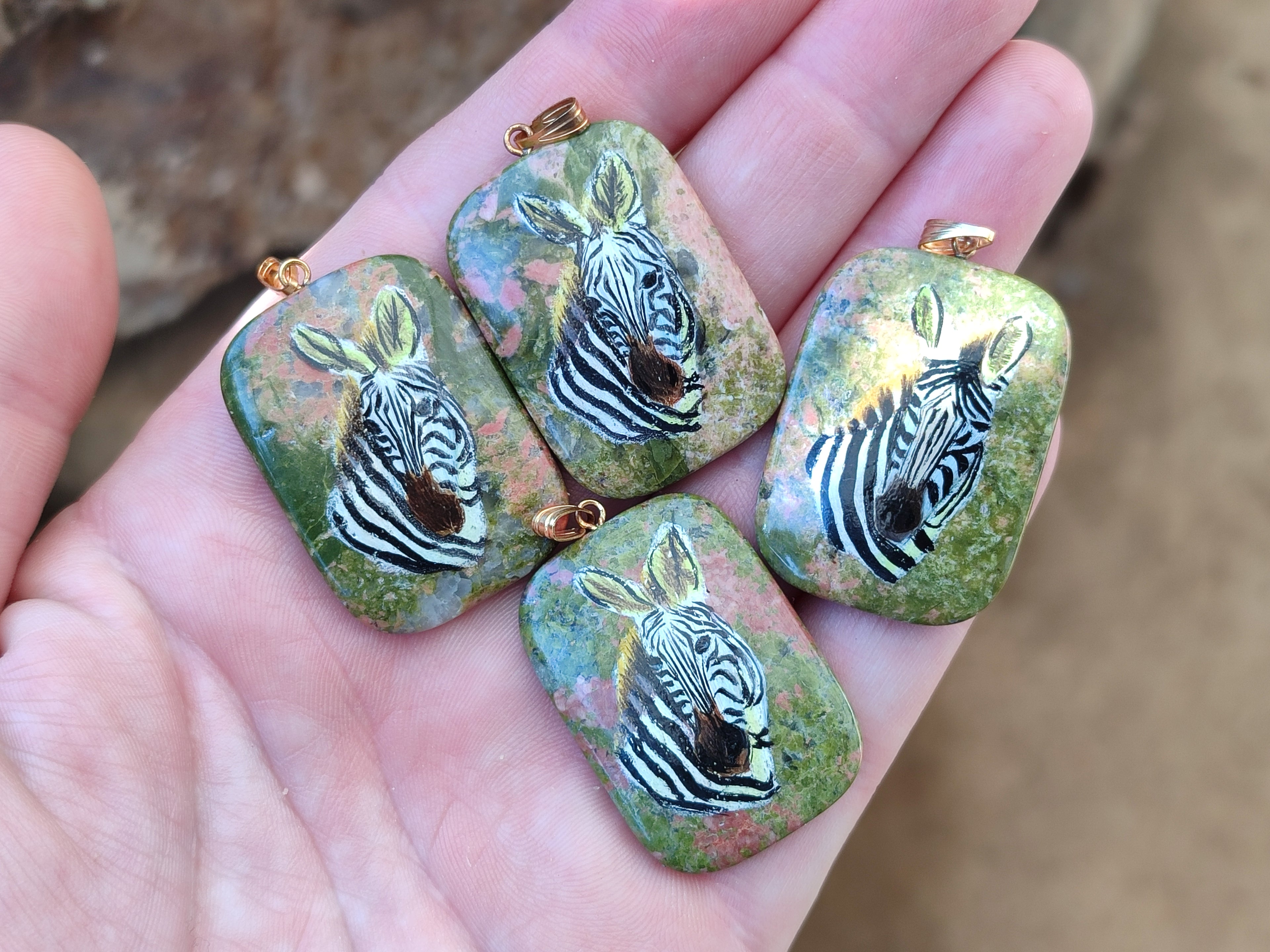 Polished Unakite Pendant with Hand Painted Zebra - Sold Per Item - From South Africa - Toprock Gemstones and Minerals 