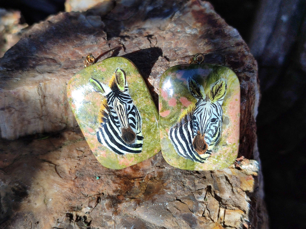 Polished Unakite Pendant with Hand Painted Zebra - Sold Per Item - From South Africa - Toprock Gemstones and Minerals 