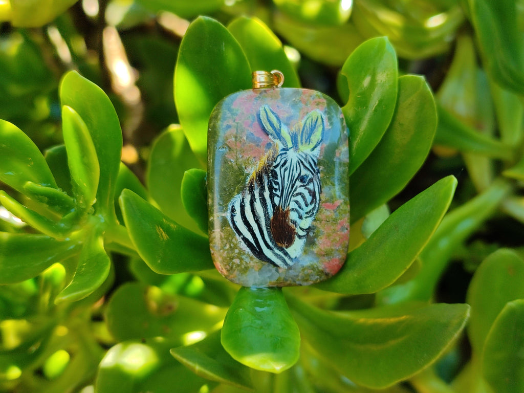 Polished Unakite Pendant with Hand Painted Zebra - Sold Per Item - From South Africa - Toprock Gemstones and Minerals 