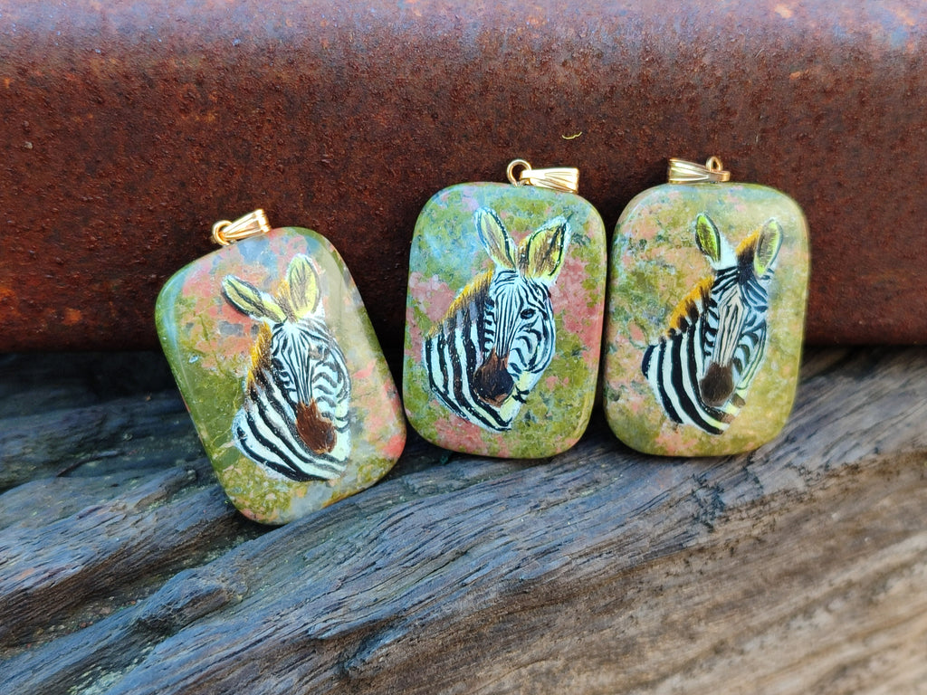 Polished Unakite Pendant with Hand Painted Zebra - Sold Per Item - From South Africa - Toprock Gemstones and Minerals 