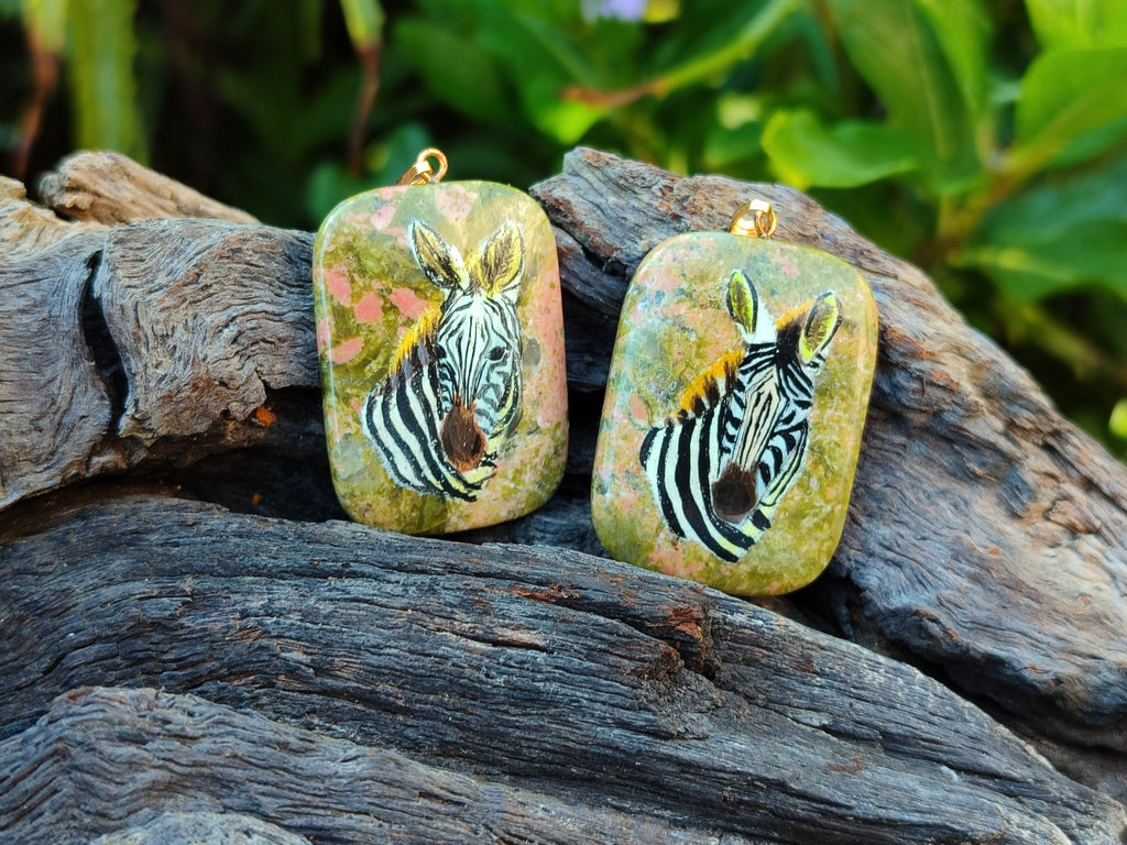 Polished Unakite Pendant with Hand Painted Zebra - Sold Per Item - From South Africa - Toprock Gemstones and Minerals 