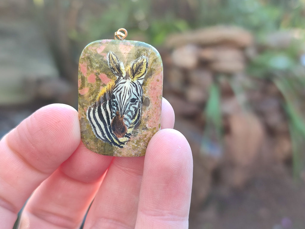 Polished Unakite Pendant with Hand Painted Zebra - Sold Per Item - From South Africa - Toprock Gemstones and Minerals 