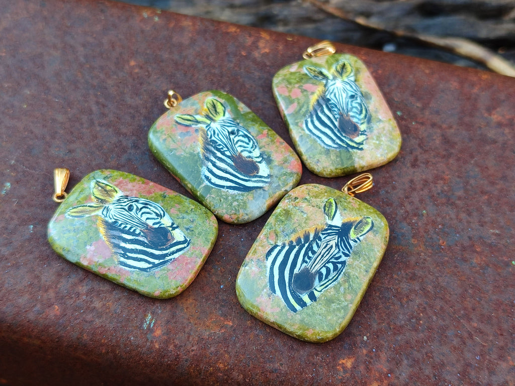Polished Unakite Pendant with Hand Painted Zebra - Sold Per Item - From South Africa - Toprock Gemstones and Minerals 