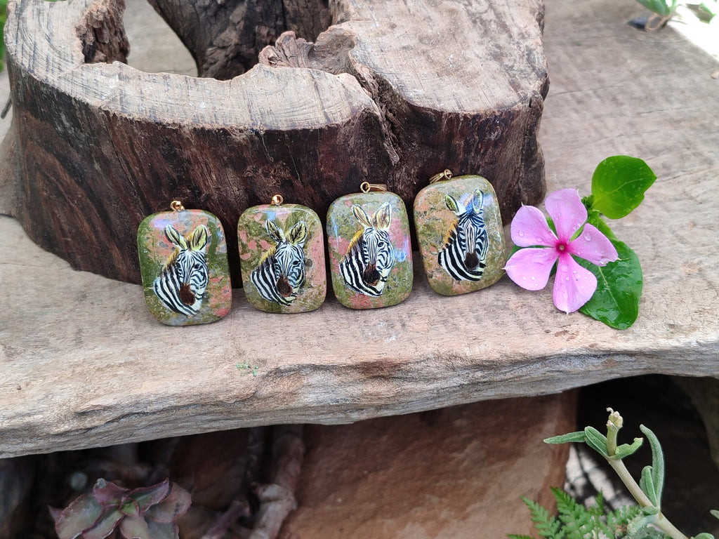 Polished Unakite Pendant with Hand Painted Zebra - Sold Per Item - From South Africa - Toprock Gemstones and Minerals 