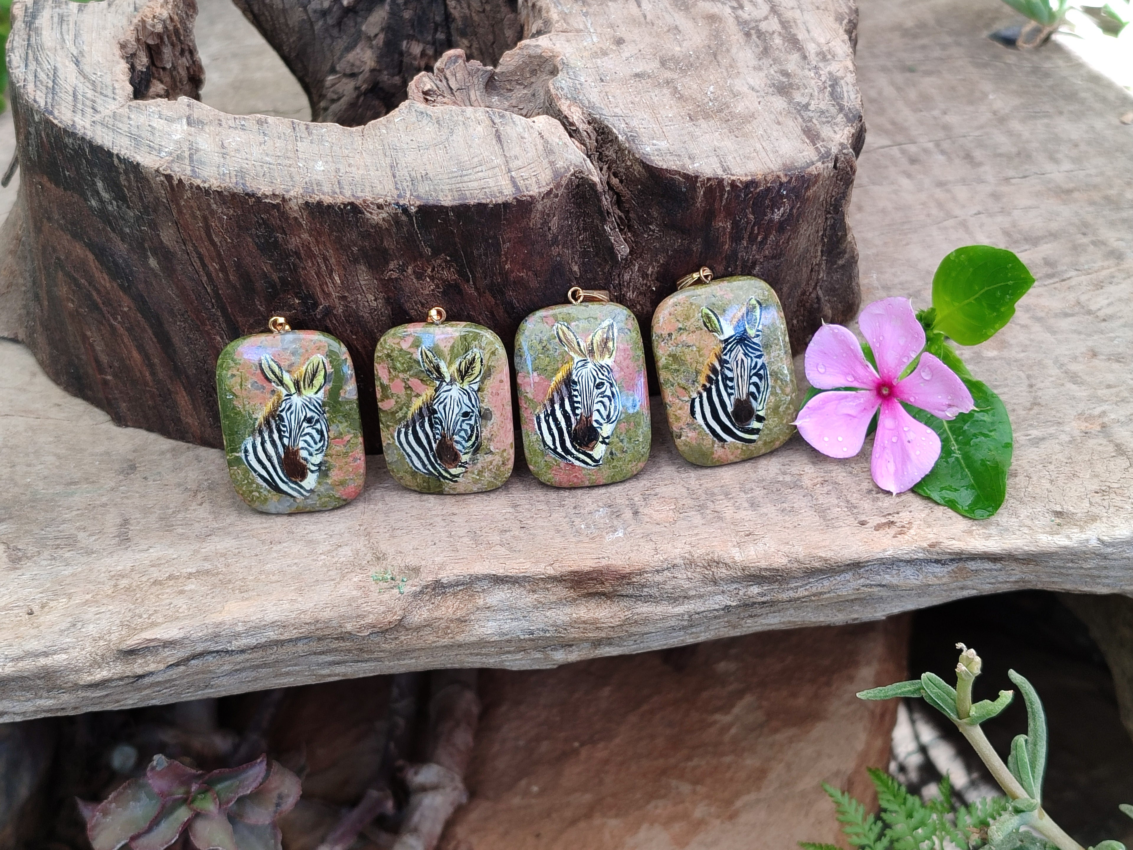 Polished Unakite Pendant with Hand Painted Zebra - Sold Per Item - From South Africa - Toprock Gemstones and Minerals 