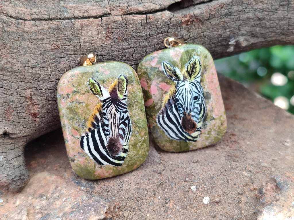 Polished Unakite Pendant with Hand Painted Zebra - Sold Per Item - From South Africa - Toprock Gemstones and Minerals 