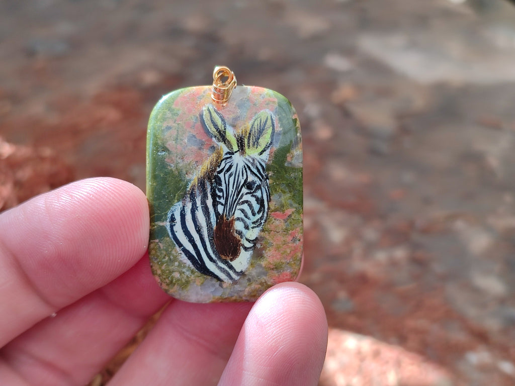 Polished Unakite Pendant with Hand Painted Zebra - Sold Per Item - From South Africa - Toprock Gemstones and Minerals 