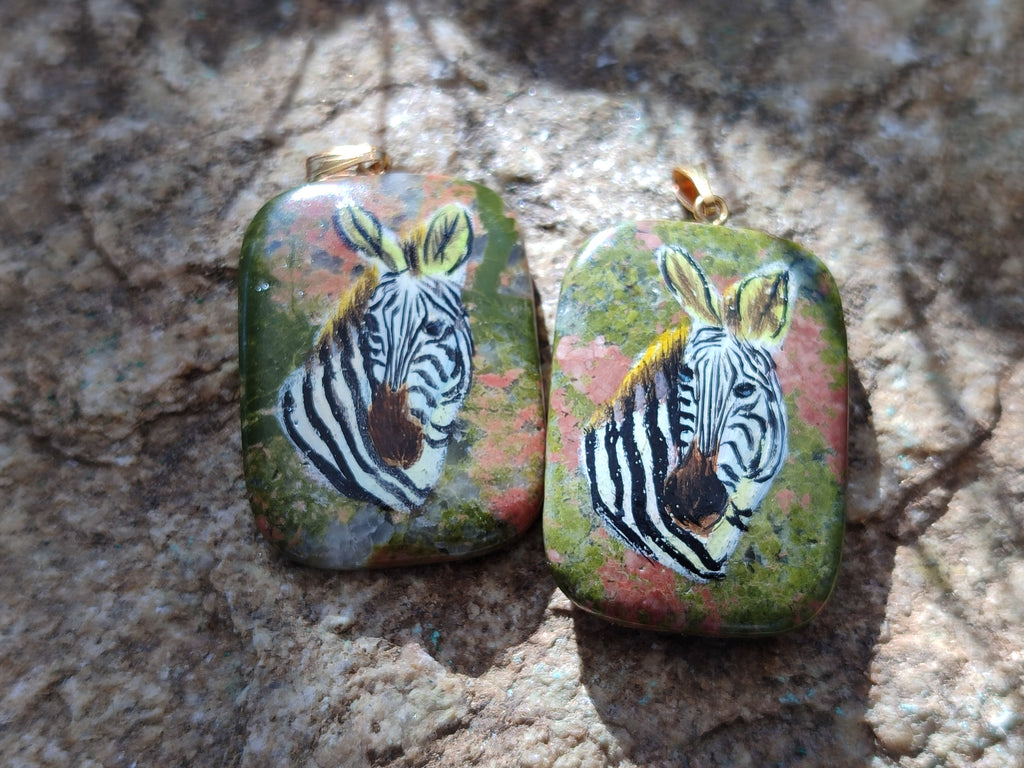 Polished Unakite Pendant with Hand Painted Zebra - Sold Per Item - From South Africa - Toprock Gemstones and Minerals 