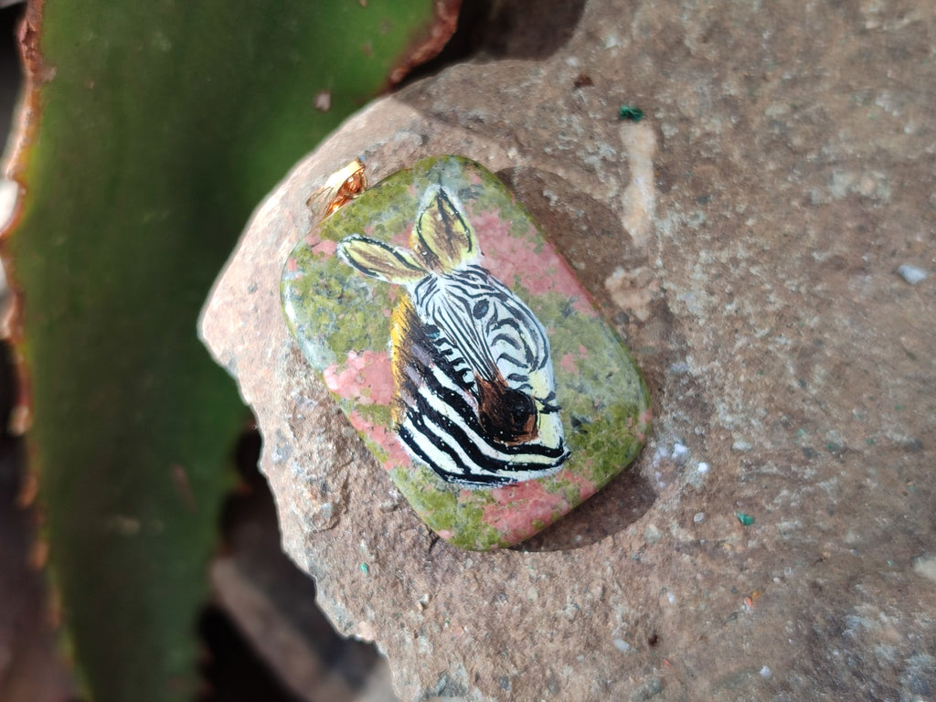Polished Unakite Pendant with Hand Painted Zebra - Sold Per Item - From South Africa - Toprock Gemstones and Minerals 