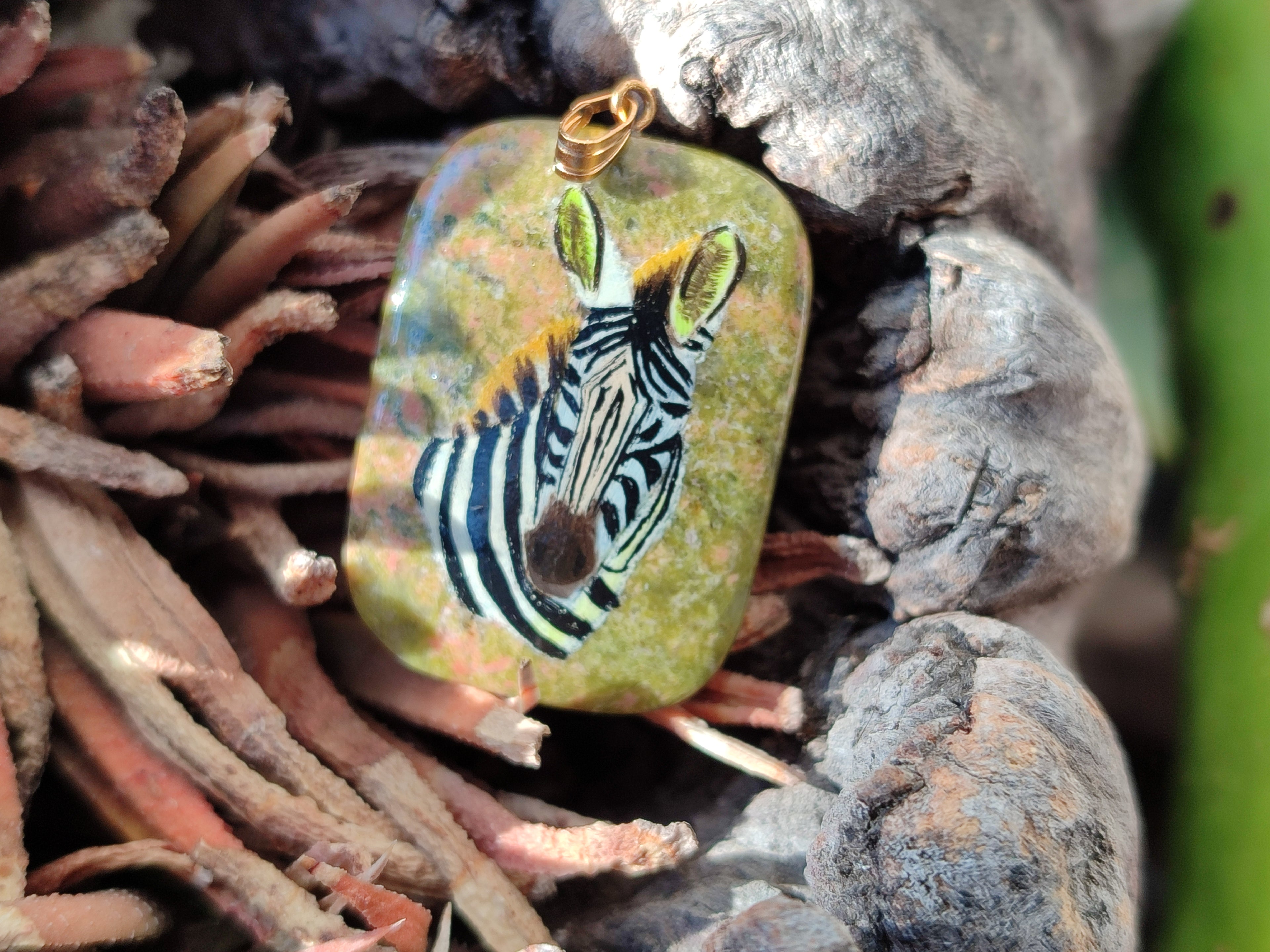 Polished Unakite Pendant with Hand Painted Zebra - Sold Per Item - From South Africa - Toprock Gemstones and Minerals 