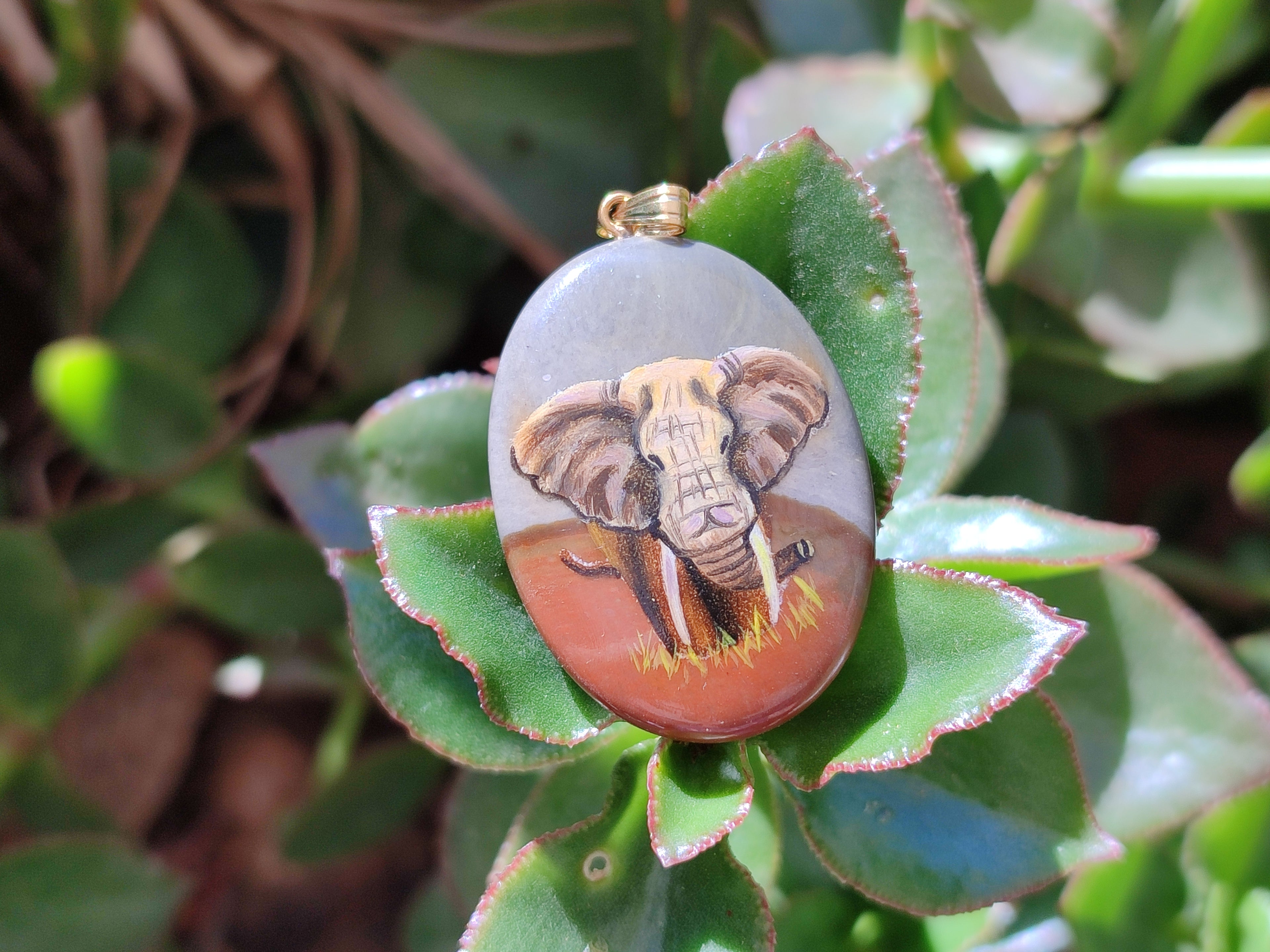 Polished Polychrome Jasper Pendant with Hand Painted Elephant - Sold Per Item - From Madagascar - Toprock Gemstones and Minerals 