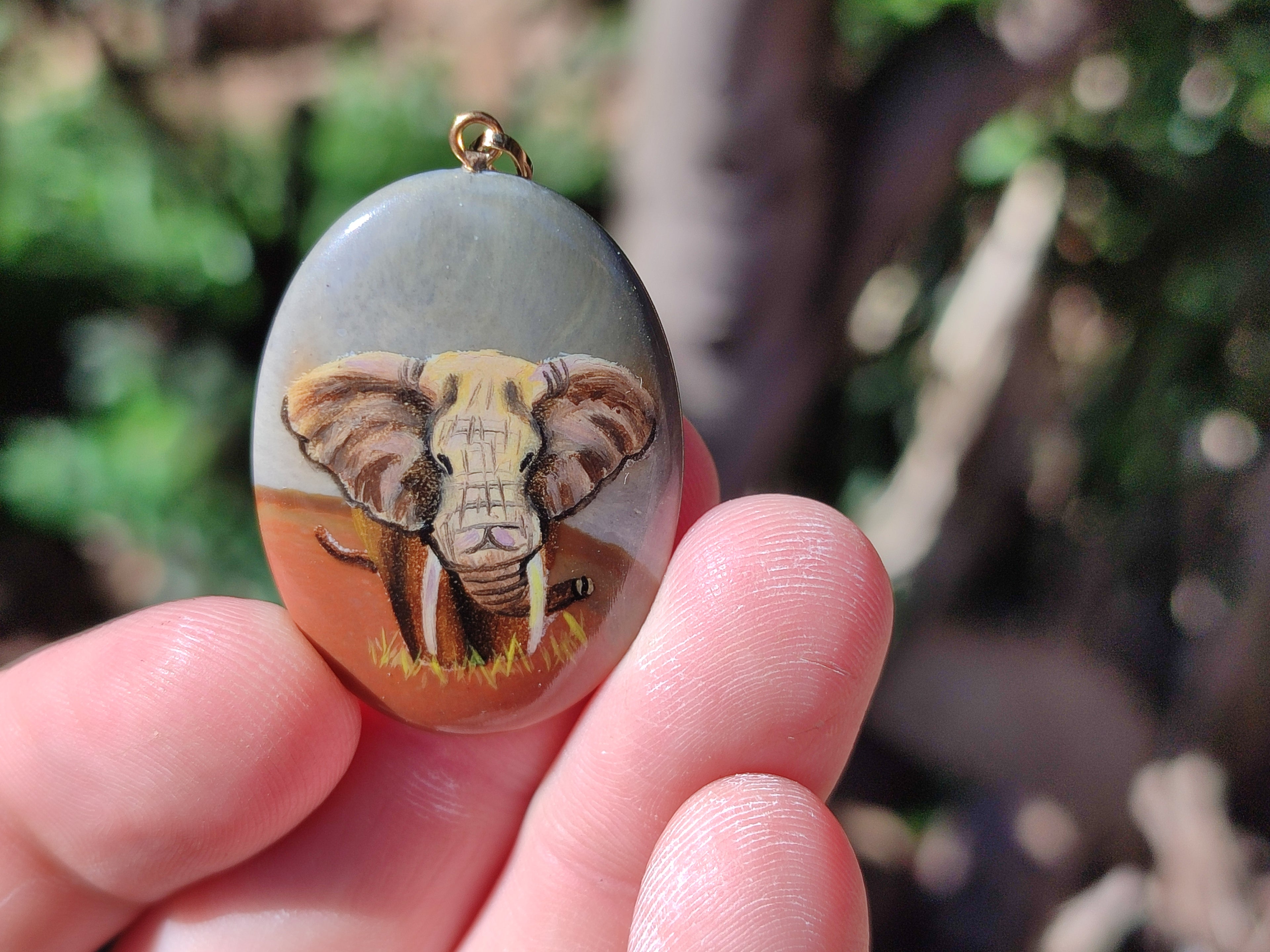 Polished Polychrome Jasper Pendant with Hand Painted Elephant - Sold Per Item - From Madagascar - Toprock Gemstones and Minerals 