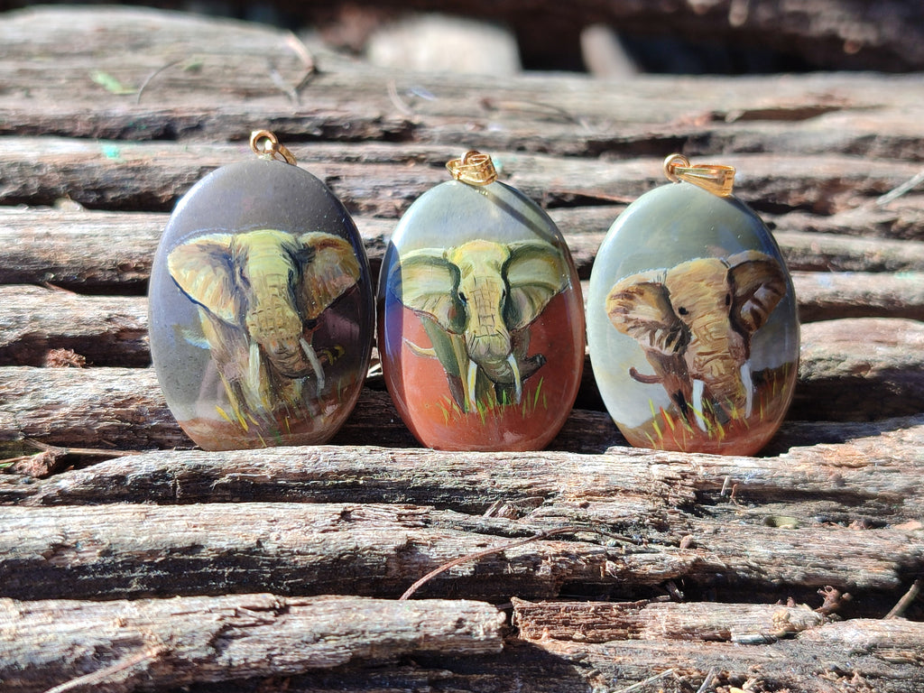 Polished Polychrome Jasper Pendant with Hand Painted Elephant - Sold Per Item - From Madagascar - Toprock Gemstones and Minerals 