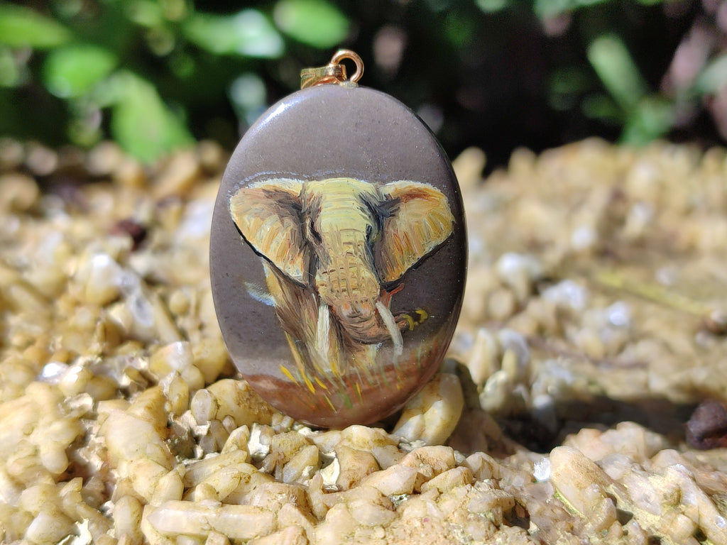 Polished Polychrome Jasper Pendant with Hand Painted Elephant - Sold Per Item - From Madagascar - Toprock Gemstones and Minerals 