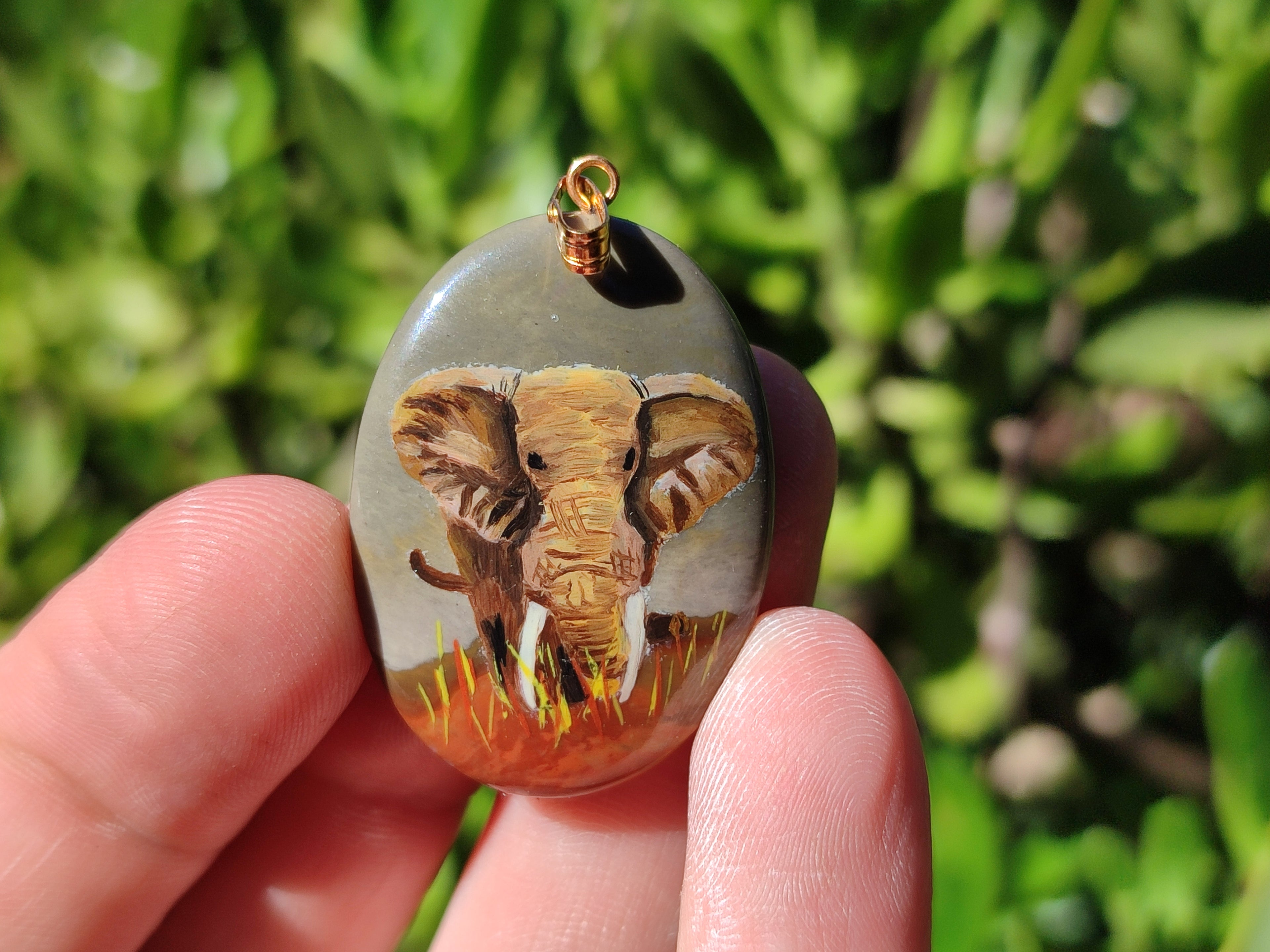 Polished Polychrome Jasper Pendant with Hand Painted Elephant - Sold Per Item - From Madagascar - Toprock Gemstones and Minerals 