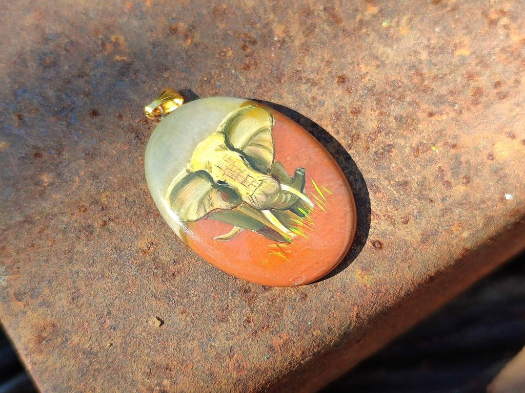 Polished Polychrome Jasper Pendant with Hand Painted Elephant - Sold Per Item - From Madagascar - Toprock Gemstones and Minerals 