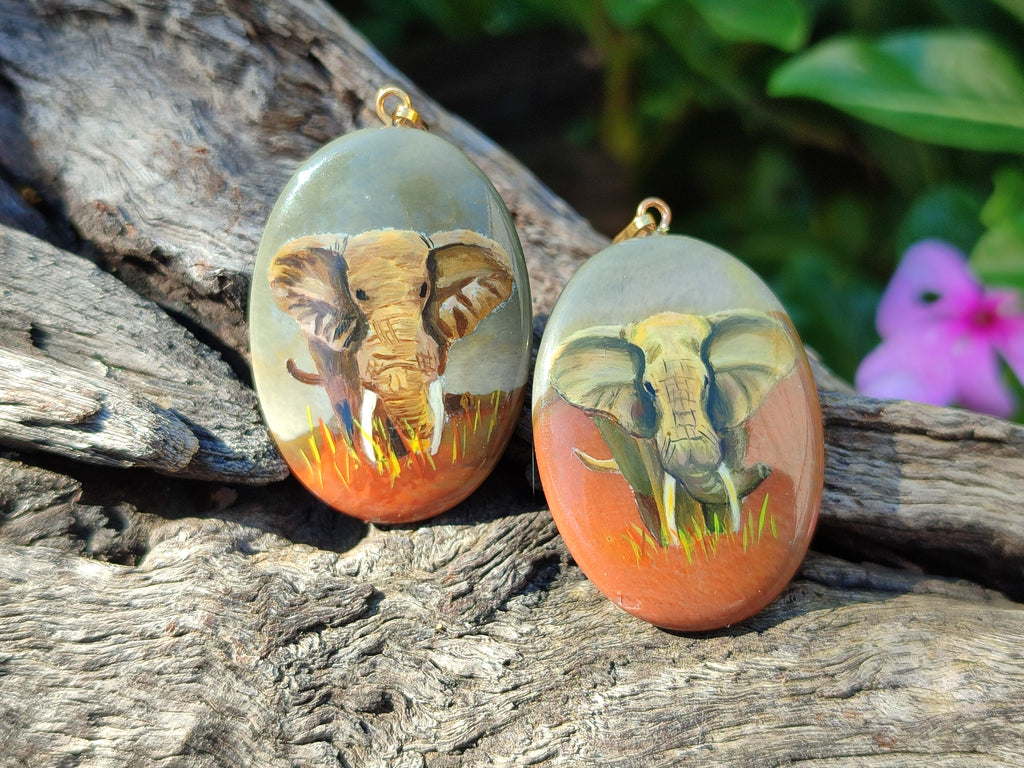 Polished Polychrome Jasper Pendant with Hand Painted Elephant - Sold Per Item - From Madagascar - Toprock Gemstones and Minerals 