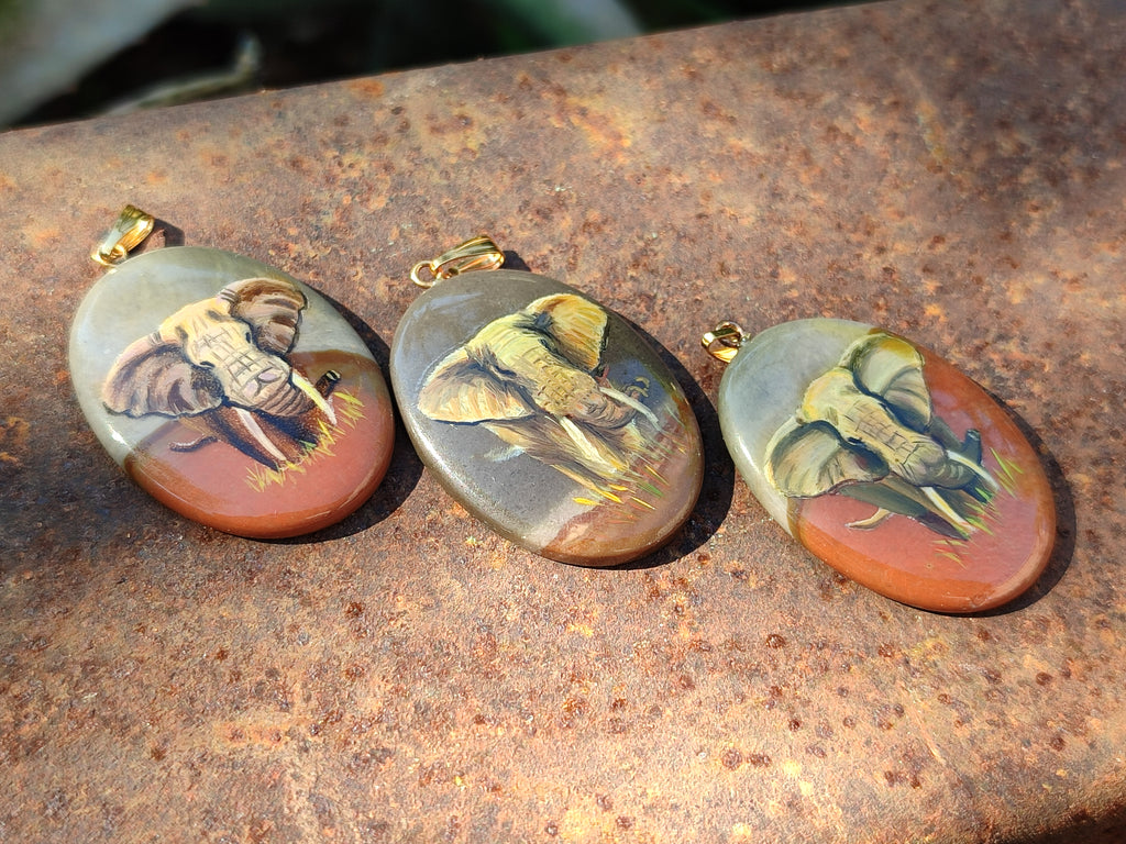 Polished Polychrome Jasper Pendant with Hand Painted Elephant - Sold Per Item - From Madagascar - Toprock Gemstones and Minerals 