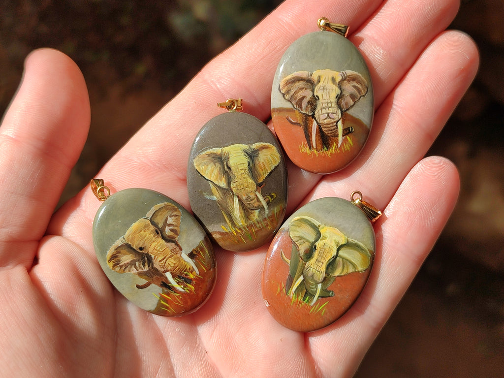 Polished Polychrome Jasper Pendant with Hand Painted Elephant - Sold Per Item - From Madagascar - Toprock Gemstones and Minerals 
