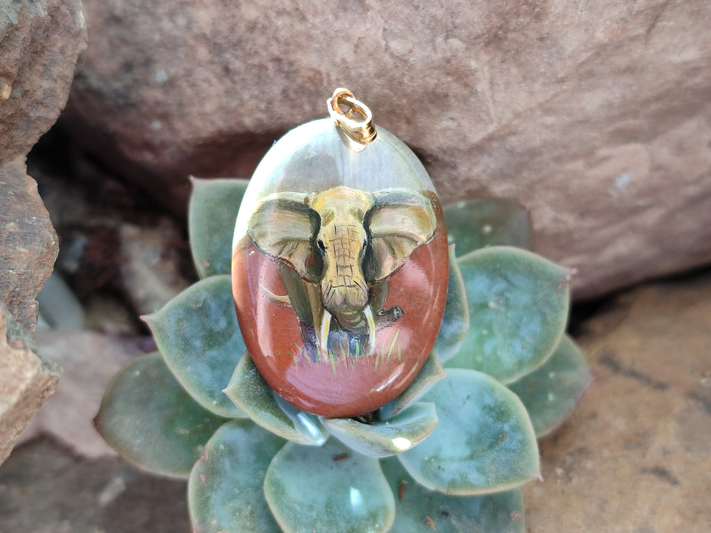 Polished Polychrome Jasper Pendant with Hand Painted Elephant - Sold Per Item - From Madagascar - Toprock Gemstones and Minerals 