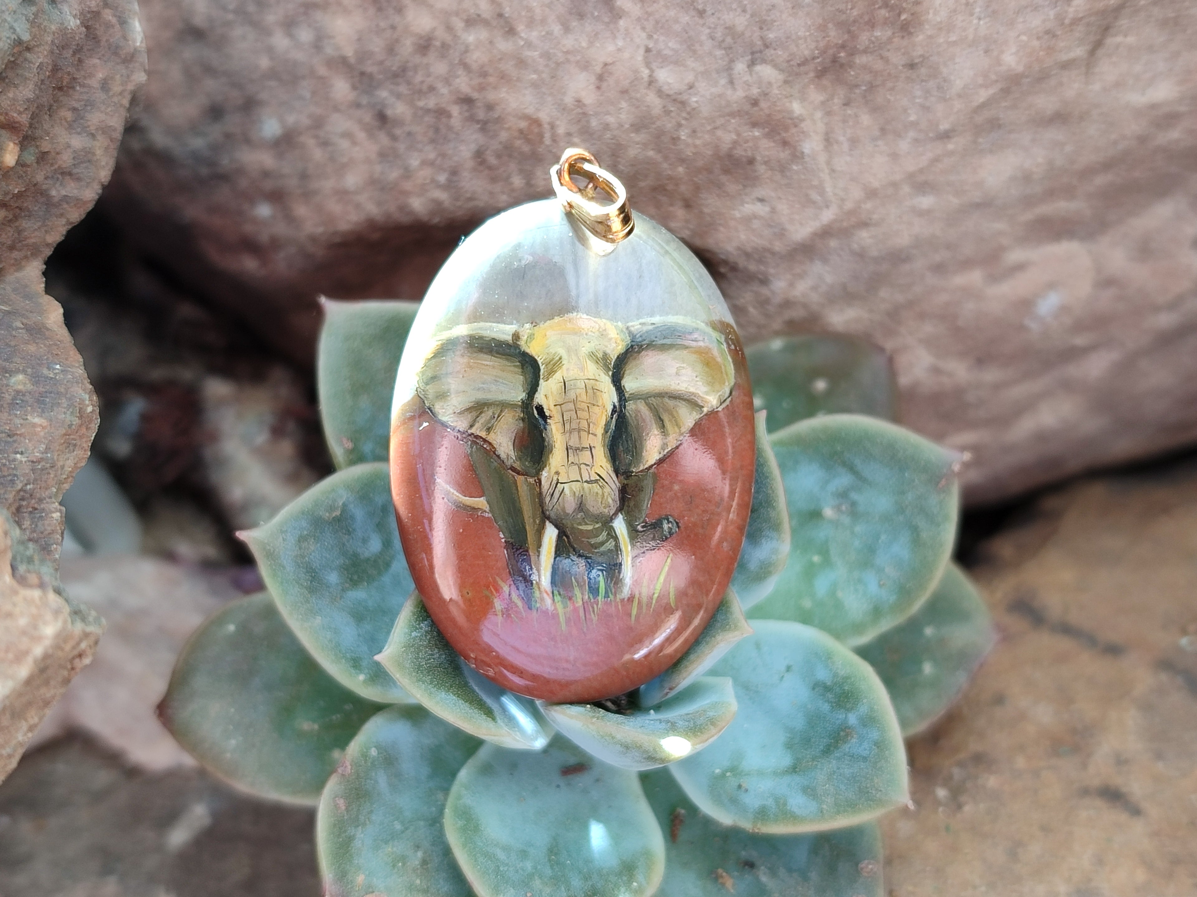 Polished Polychrome Jasper Pendant with Hand Painted Elephant - Sold Per Item - From Madagascar - Toprock Gemstones and Minerals 