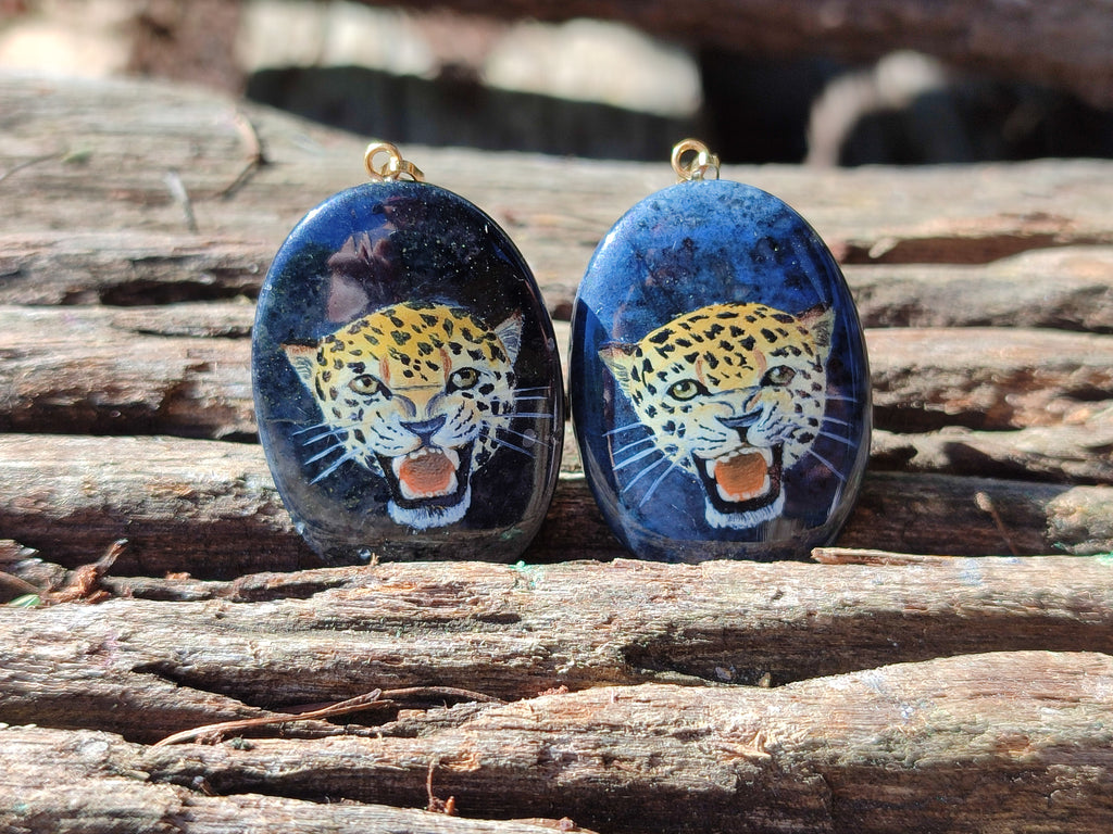 Polished Dumortierite Pendant with Hand Painted Leopard - Sold Per Item - From Mozambique - Toprock Gemstones and Minerals 