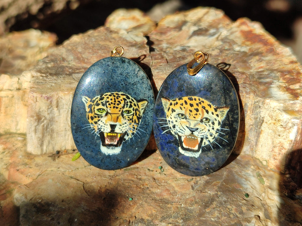 Polished Dumortierite Pendant with Hand Painted Leopard - Sold Per Item - From Mozambique - Toprock Gemstones and Minerals 