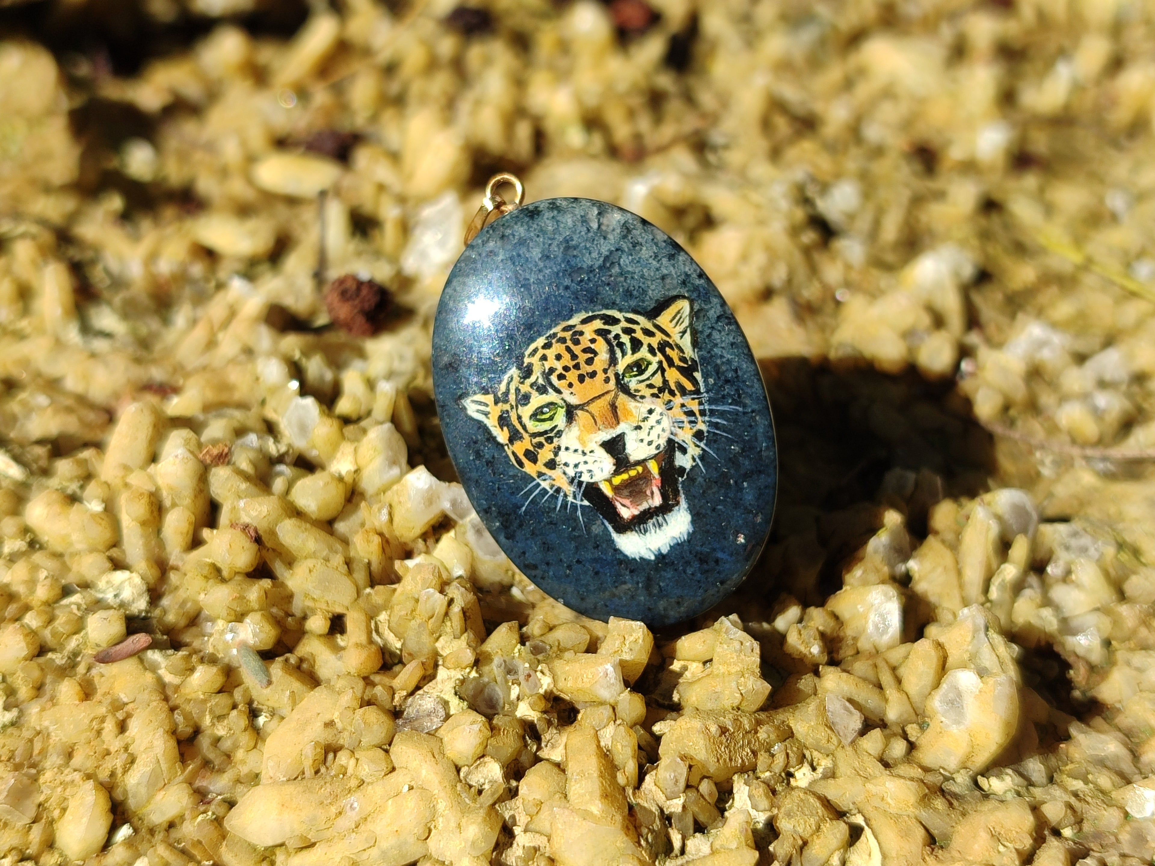 Polished Dumortierite Pendant with Hand Painted Leopard - Sold Per Item - From Mozambique - Toprock Gemstones and Minerals 