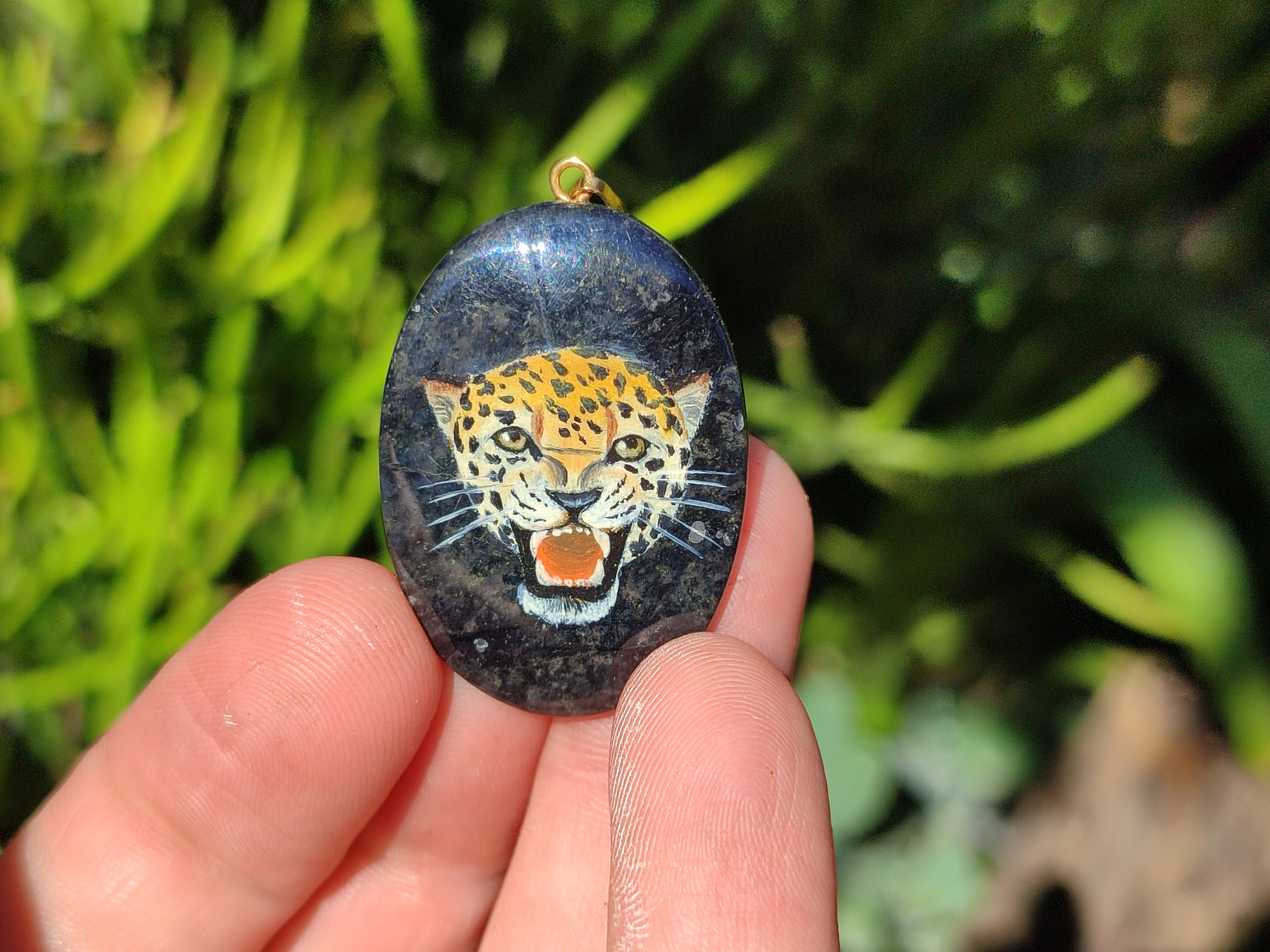 Polished Dumortierite Pendant with Hand Painted Leopard - Sold Per Item - From Mozambique - Toprock Gemstones and Minerals 