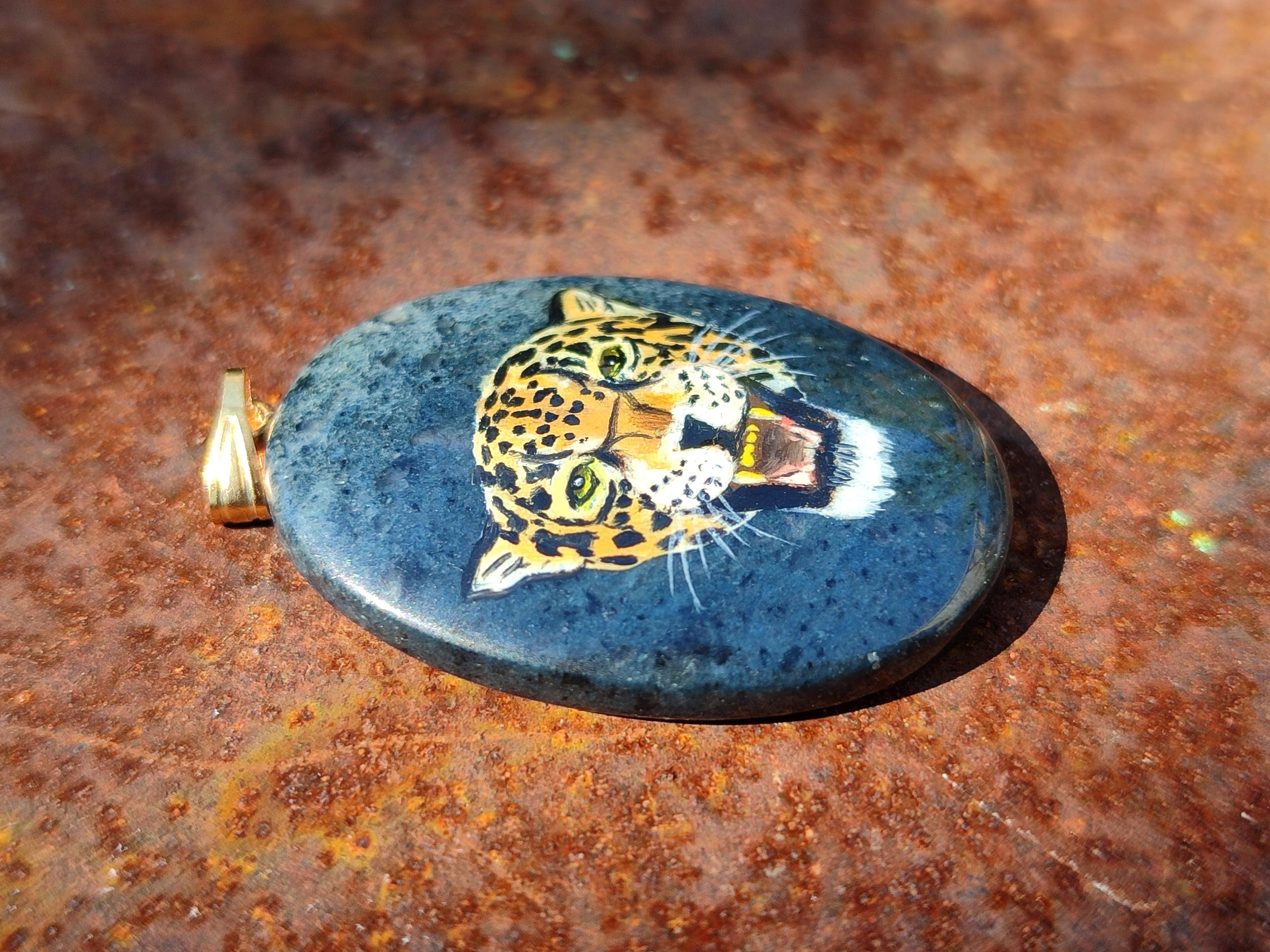 Polished Dumortierite Pendant with Hand Painted Leopard - Sold Per Item - From Mozambique - Toprock Gemstones and Minerals 