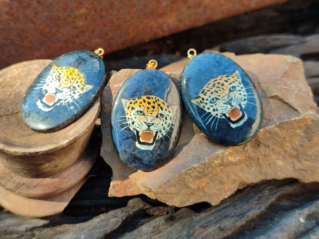 Polished Dumortierite Pendant with Hand Painted Leopard - Sold Per Item - From Mozambique - Toprock Gemstones and Minerals 