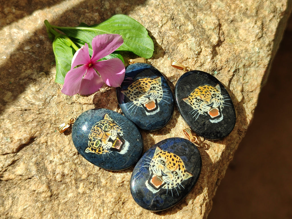 Polished Dumortierite Pendant with Hand Painted Leopard - Sold Per Item - From Mozambique - Toprock Gemstones and Minerals 