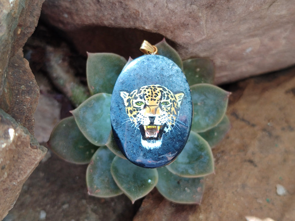 Polished Dumortierite Pendant with Hand Painted Leopard - Sold Per Item - From Mozambique - Toprock Gemstones and Minerals 