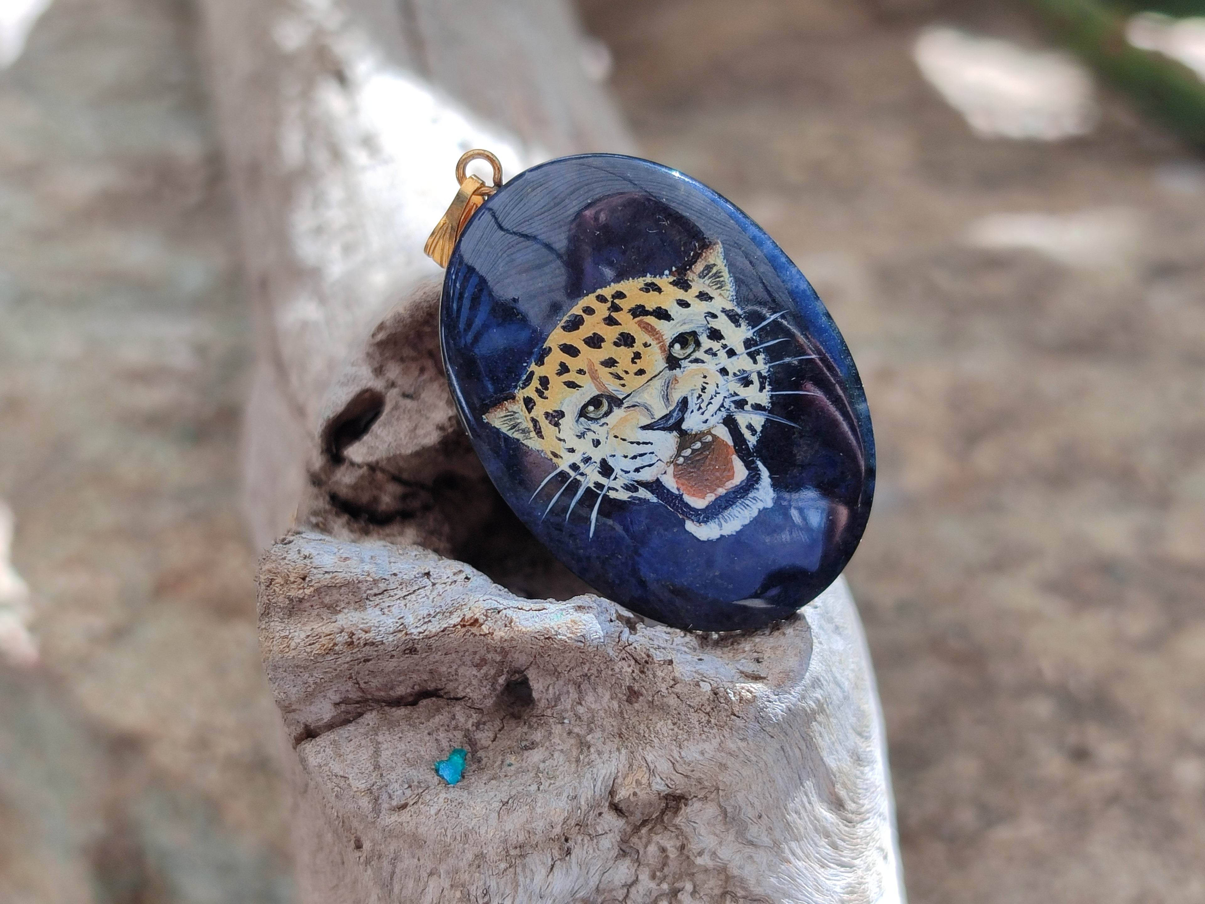 Polished Dumortierite Pendant with Hand Painted Leopard - Sold Per Item - From Mozambique - Toprock Gemstones and Minerals 