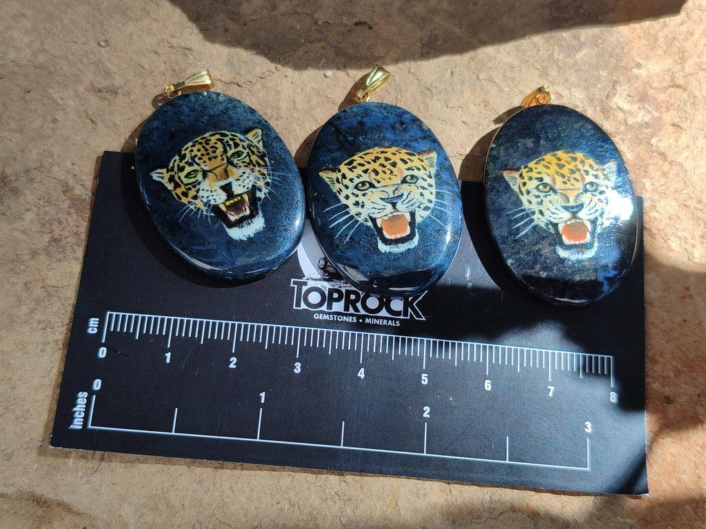 Polished Dumortierite Pendant with Hand Painted Leopard - Sold Per Item - From Mozambique - Toprock Gemstones and Minerals 