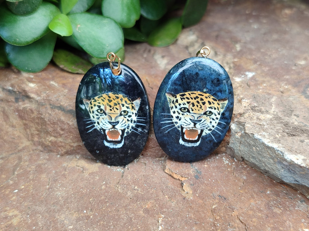 Polished Dumortierite Pendant with Hand Painted Leopard - Sold Per Item - From Mozambique - Toprock Gemstones and Minerals 