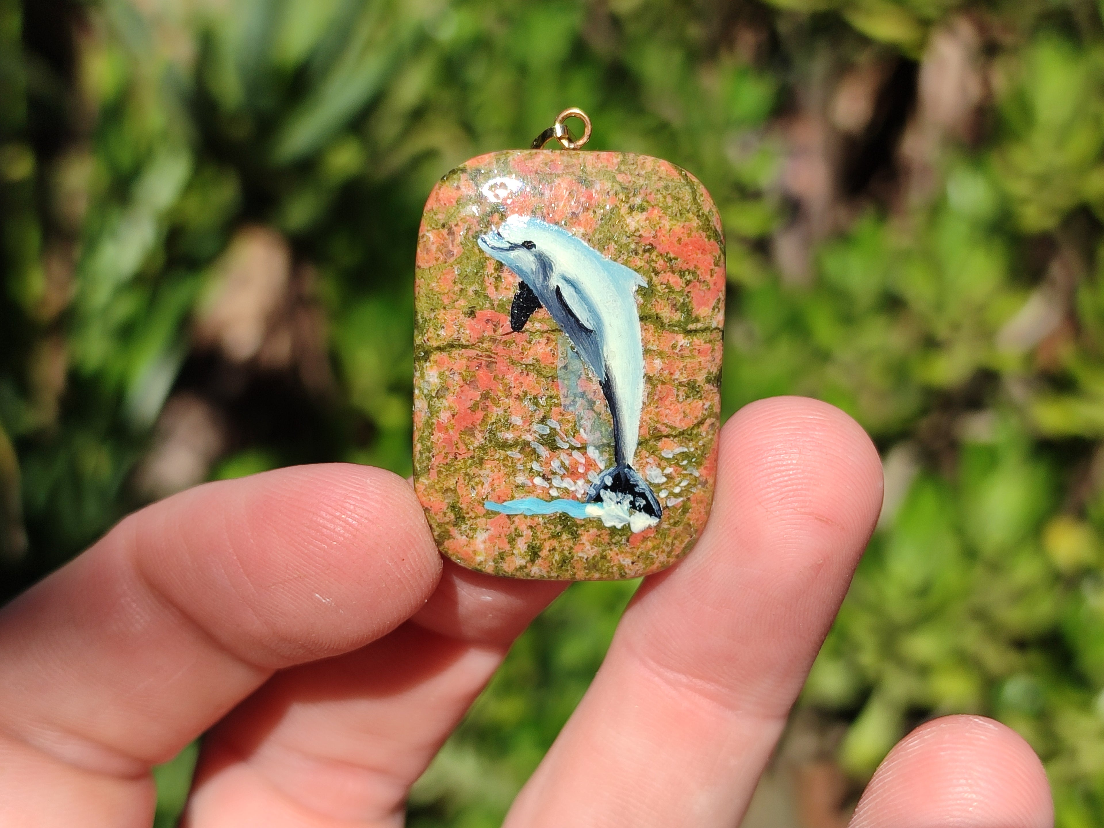 Polished Unakite Pendant with Hand Painted Dolphin - Sold Per Item - From South Africa - Toprock Gemstones and Minerals 