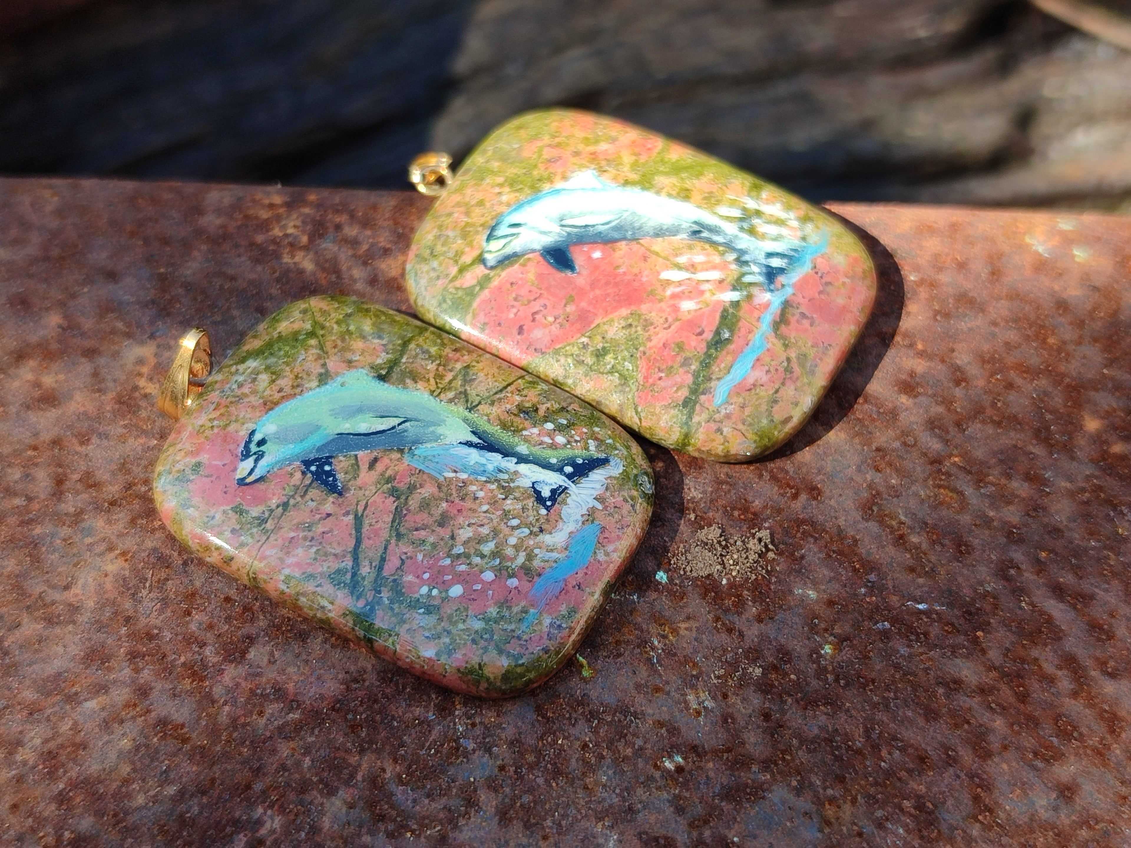 Polished Unakite Pendant with Hand Painted Dolphin - Sold Per Item - From South Africa - Toprock Gemstones and Minerals 