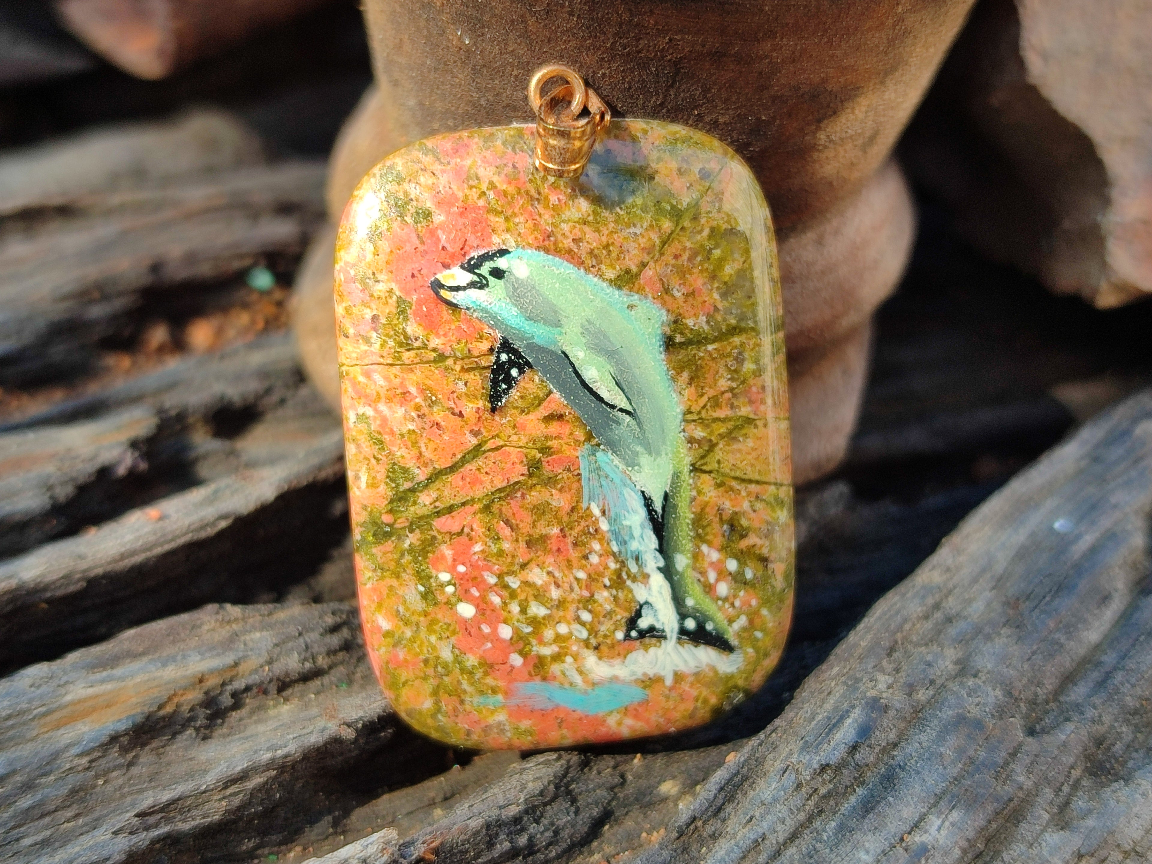 Polished Unakite Pendant with Hand Painted Dolphin - Sold Per Item - From South Africa - Toprock Gemstones and Minerals 