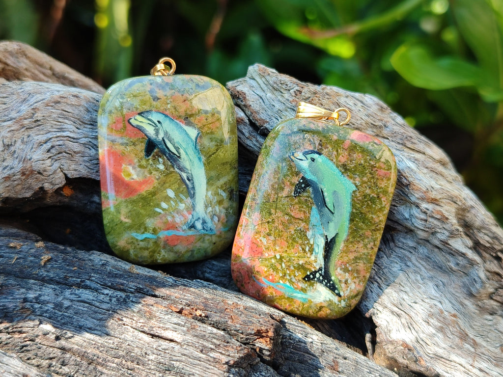 Polished Unakite Pendant with Hand Painted Dolphin - Sold Per Item - From South Africa - Toprock Gemstones and Minerals 