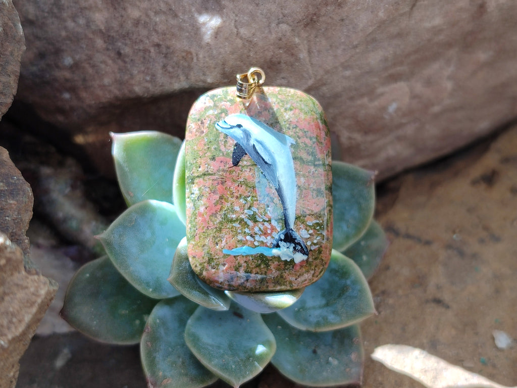 Polished Unakite Pendant with Hand Painted Dolphin - Sold Per Item - From South Africa - Toprock Gemstones and Minerals 