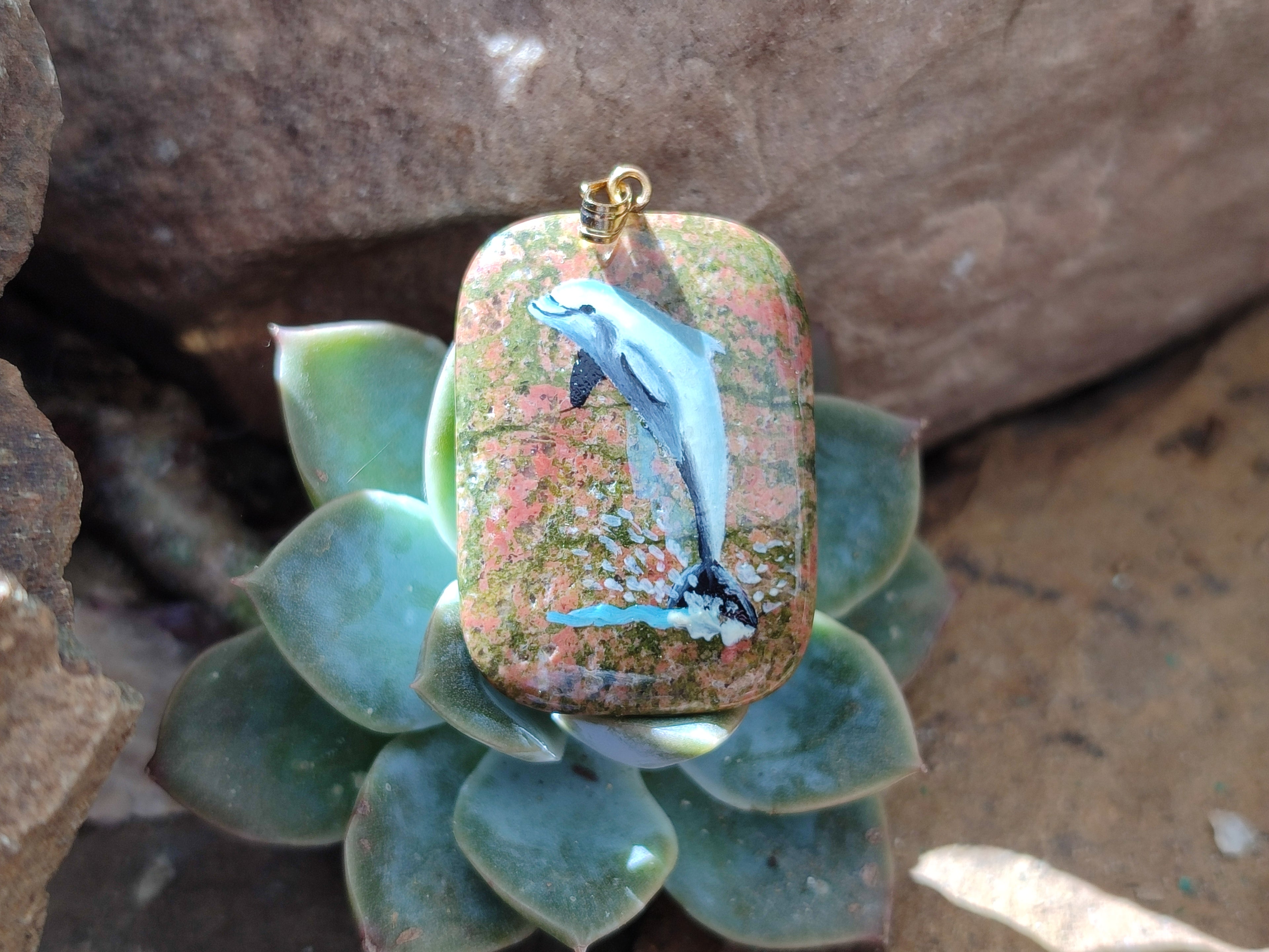 Polished Unakite Pendant with Hand Painted Dolphin - Sold Per Item - From South Africa - Toprock Gemstones and Minerals 