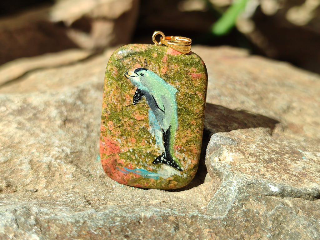 Polished Unakite Pendant with Hand Painted Dolphin - Sold Per Item - From South Africa - Toprock Gemstones and Minerals 