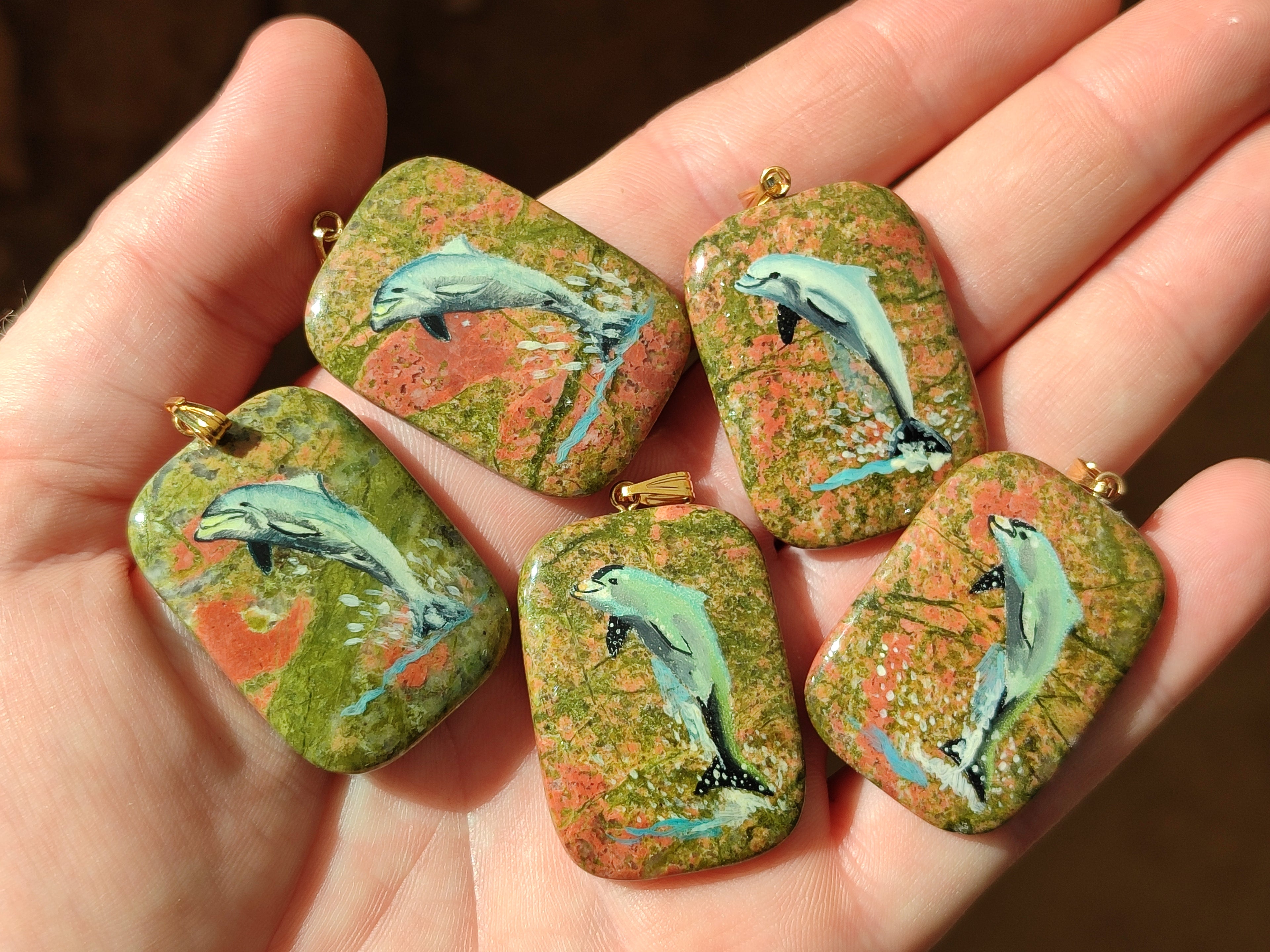 Polished Unakite Pendant with Hand Painted Dolphin - Sold Per Item - From South Africa - Toprock Gemstones and Minerals 